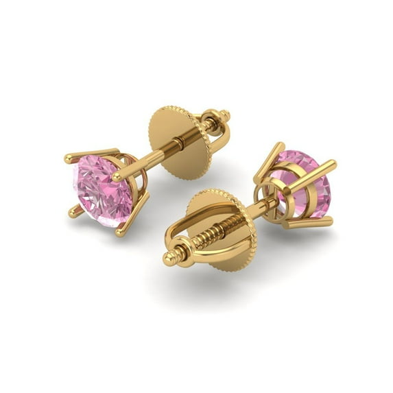 0.5 Ct Round Cut Studs Pink Crystal 18K Yellow Solid Gold Everyday Dainty Earrings Screw Back