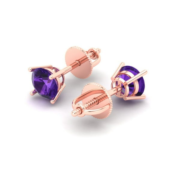 0.5 Ct Round Cut Studs Purple Natural Amethyst 18K Rose Solid Solid Gold Everyday Dainty Earrings Screw Back