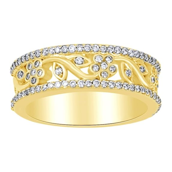 0.5 Ct Round Shape White Diamond Leaf Style Wedding Band Ring In 14K Solid Yellow Gold