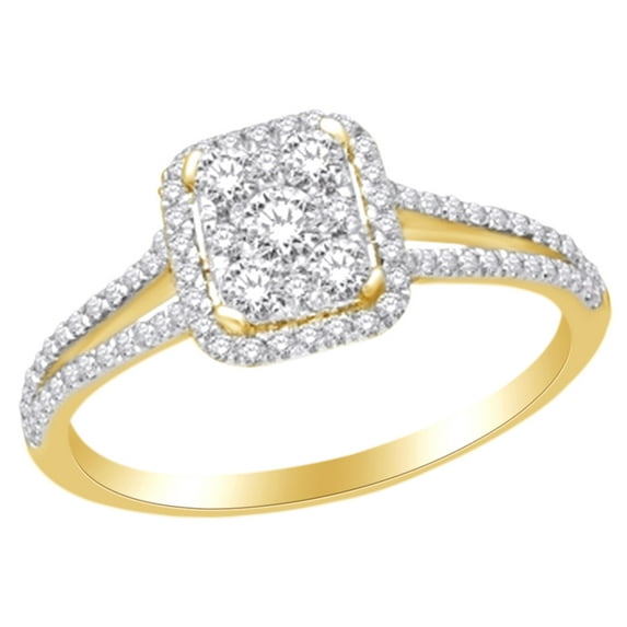 AFFY (0.5 Cttw) Round Shape White Diamond Cluster Halo Style Engagement Ring In 14K Solid Yellow Gold