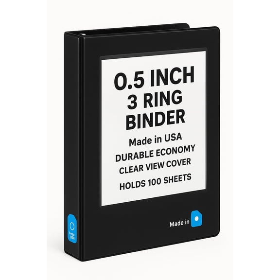 0.5 Inch 3 Ring Binder Made in USA Economy Black Binder with Clear View Cover, Holds 100 Sheets Heavy Duty Over 1 LB Perfect for School, Home, Office Organization 18510