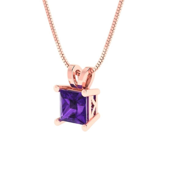 0.5 ct Brilliant Princess Cut Solitaire Natural Amethyst 14k Rose Solid Gold Everyday Affordable Designer Necklace Pendant with 16" Chain
