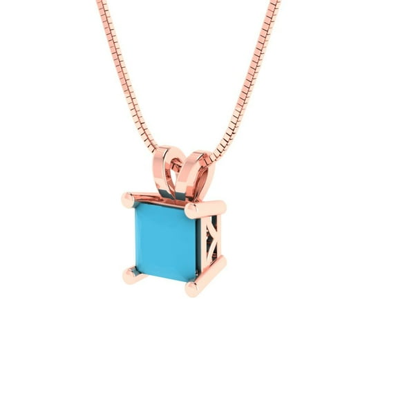 0.5 ct Brilliant Princess Cut Solitaire Turquoise 14k Rose Solid Gold Everyday Affordable Designer Necklace Pendant with 16" Chain