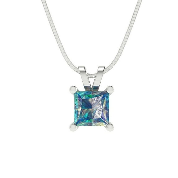 0.5 cctw Blue Moissanite White Gold Plated Pendant with 18" Box Chain (4.5mm, Princess Cut)