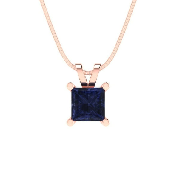 0.5 ct princess cut blue sapphire 14k pink rose hypoallergenic Solid gold Designer Everyday Affordable Dainty Necklace Pendant + 16" hypoallergenic Solid gold chain