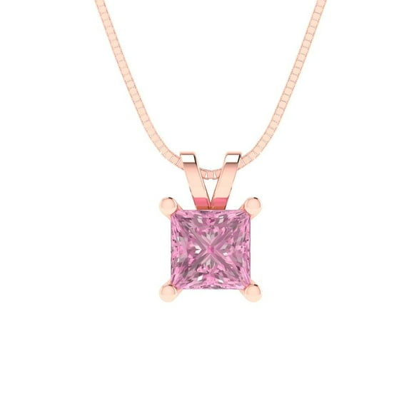 0.5 cctw Simulated Pink Diamond Rose Gold Plated Pendant with 18" Box Chain (4.5mm, Princess Cut)