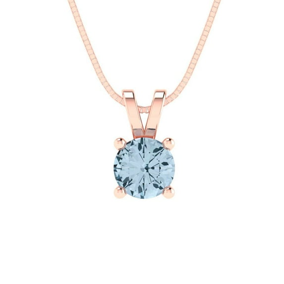 0.5 ct round cut blue Crystal 14k pink rose hypoallergenic Solid gold Designer Everyday Affordable Dainty Necklace Pendant + 18" hypoallergenic Solid gold chain