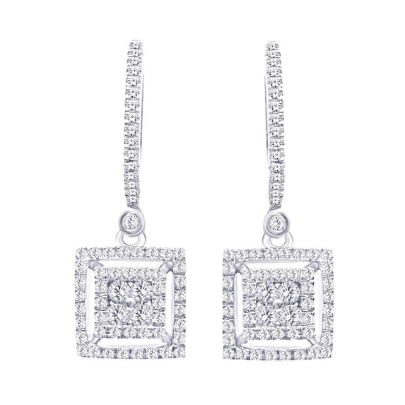 AFFY (0.5 cttw) Round Shape Natural White Diamond Square Shape Drop Earrings In 14K White Gold