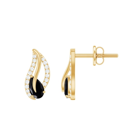 Rosec Jewels 0.50 CT Pear Shape Black Onyx and Moissanite Leaf Stud Earrings, 14K Yellow Gold