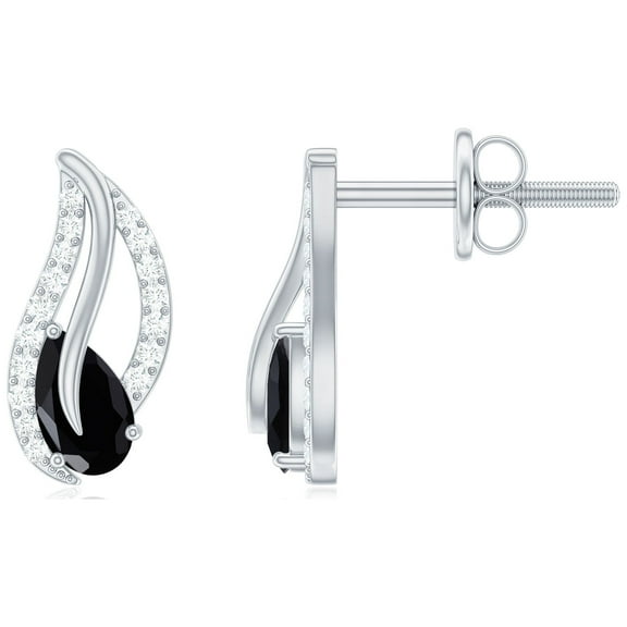 Rosec Jewels 0.50 CT Pear Shape Black Onyx and Moissanite Leaf Stud Earrings, 925 Sterling Silver