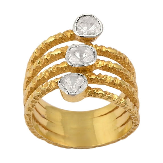 0.50 CTW Natural Diamond Polki Three Stone Women's Valentines Day Gifts Ring 925 Sterling Silver Gold Plated