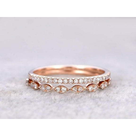0.50 Carat 2 pcs Stacking Curved Design art deco wedding band anniversary Ring Silver 18k Rose Gold Plating set