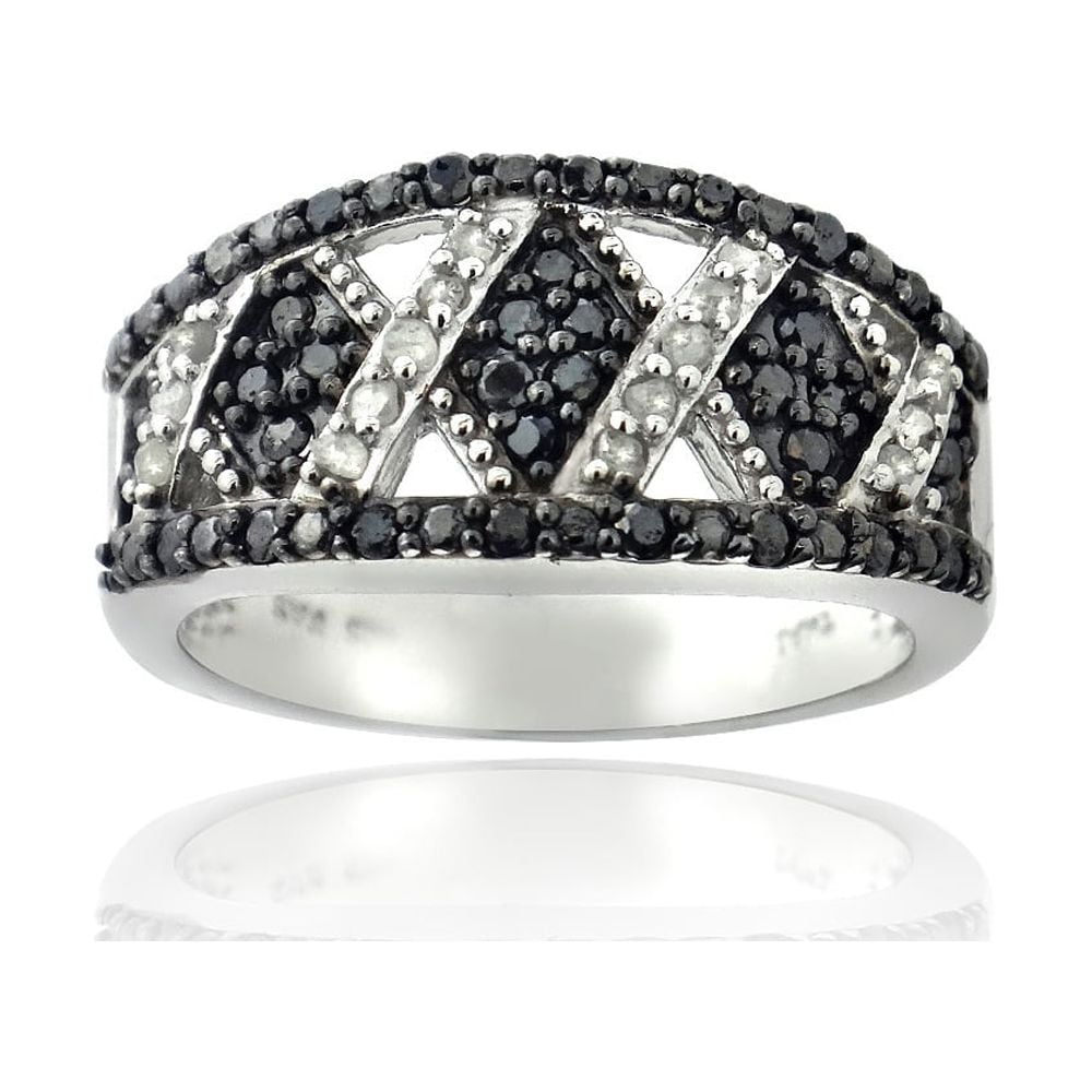 0.50 Carat Black & White Diamond Criss Cross Silver Tone Band Ring, Size 8