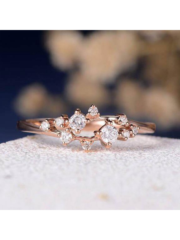 0.50 Carat Moissanite Cluster Ring Twig Engagement Ring Floral Unique Wedding Band Snowflake Design in Silver with 18k Rose Gold Plating