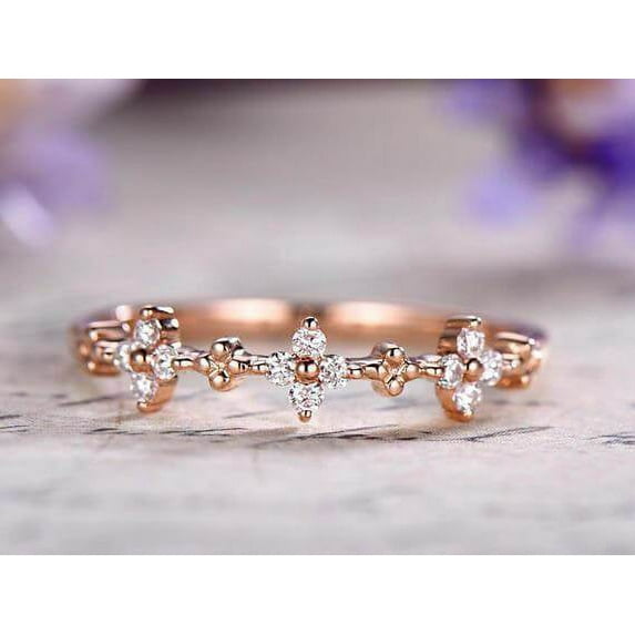 0.50 Carat Moissanite Diamond Wedding Ring Solid 10k Rose Gold Half Eternity Milgrain Floral Anniversary ring Promise Ring