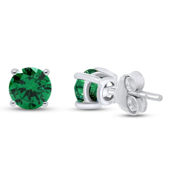 0.50 Carat Round Shape Simulated Emerald Solitaire Stud Earrings In 14K White Gold Over Sterling Silver Push Back Jewelry