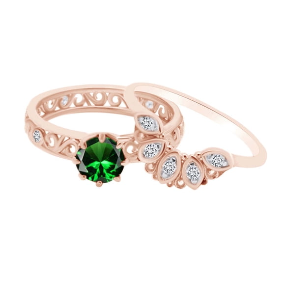 AFFY 0.50 Carat Round Simulated Emerald & Cubic Zirconia Filigree Design Wedding Ring Set 14K Solid Rose Gold Ring Size-9.5