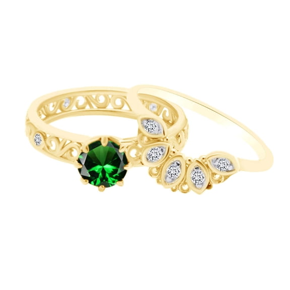 AFFY 0.50 Carat Round Simulated Emerald & Cubic Zirconia Filigree Design Wedding Ring Set 14K Solid Yellow Gold Ring Size-5