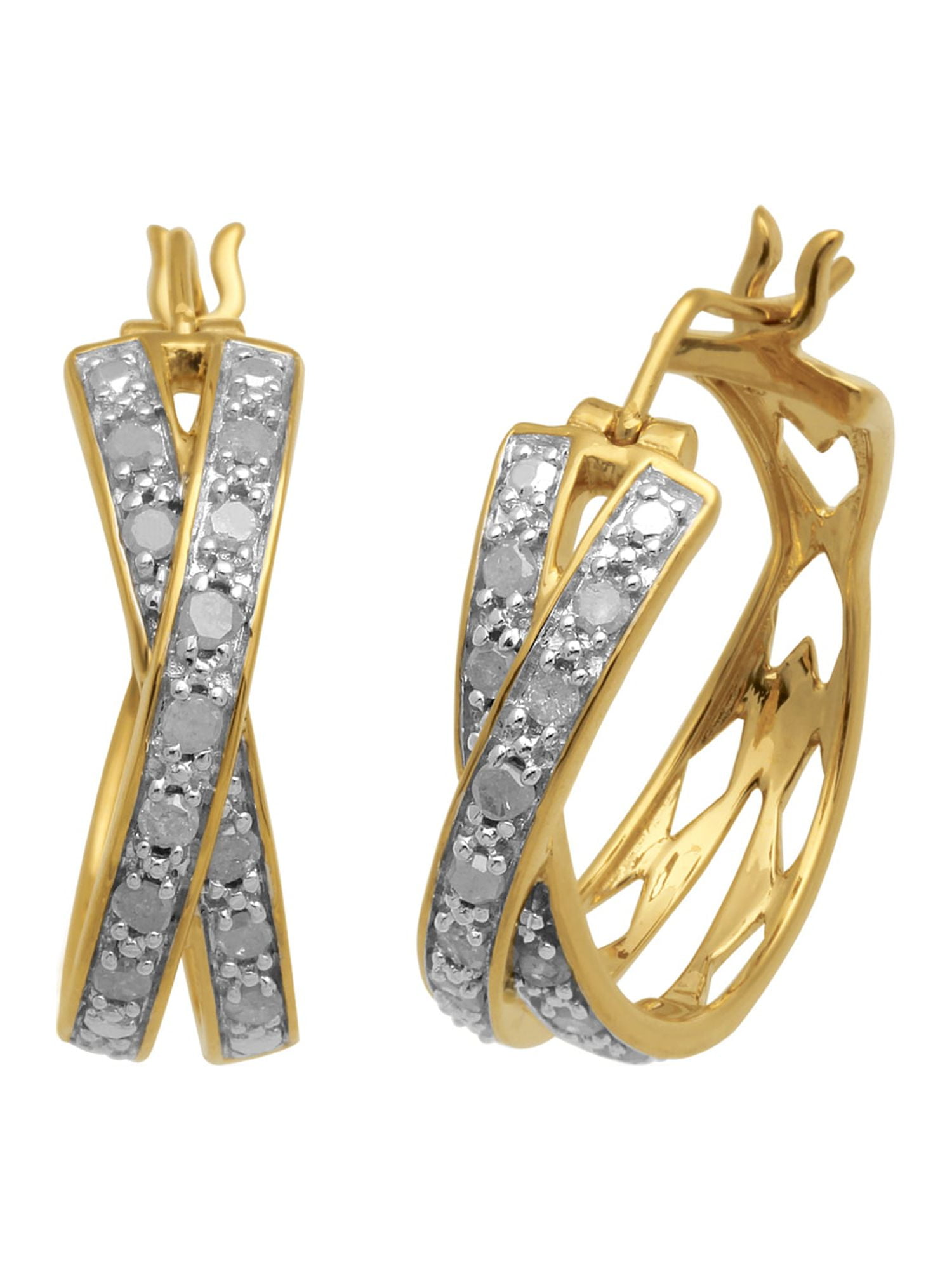 0.50 Carat T.W. White Diamond 1/2 Micron Yellow Plating over Sterling Silver Crossover Hoop Earrings