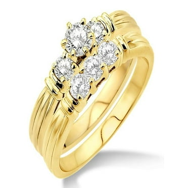 0.50 Carat Three Stone Bridal Set with Round Cut Diamond in 10k Yellow Gold