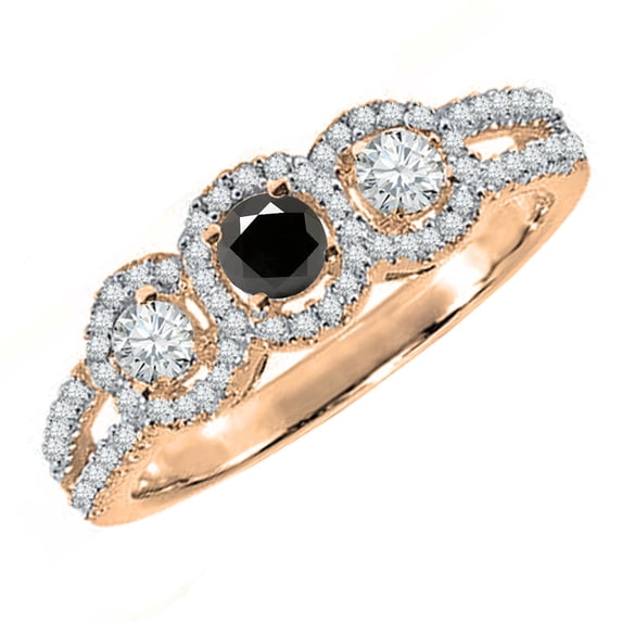 0.50 Carat (ctw) 10K Rose Gold Round Black & White Diamond Ladies 3 Stone Split Shank Engagement Bridal Ring 1/2 CT