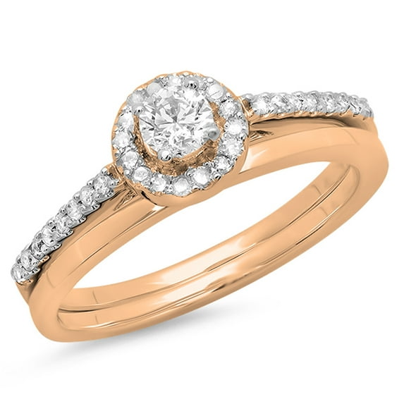 0.50 Carat (ctw) 10K Rose Gold Round Diamond Ladies Bridal Engagement Halo Ring With Matching Band Set 1/2 CT