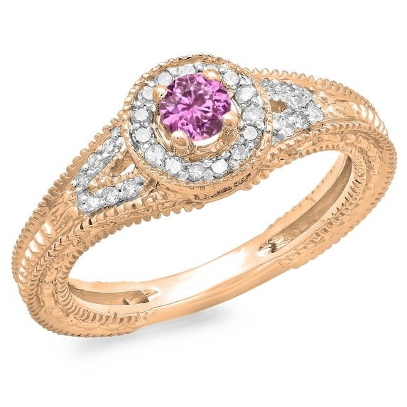 0.50 Carat (ctw) 10K Rose Gold Round Pink Sapphire & White Diamond Ladies Split Shank Bridal Vintage Halo Style Engageme