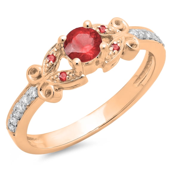 0.50 Carat (ctw) 10K Rose Gold Round Ruby & White Diamond Ladies Bridal Unique Vintage Style Engagement Ring 1/2 CT
