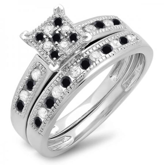 0.50 Carat (ctw) 10K White Gold Round Black & White Diamond Ladies Engagement Bridal Ring Set Matching Wedding Band 1/2