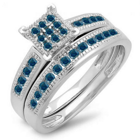 0.50 Carat (ctw) 10K White Gold Round Blue Diamond Ladies Engagement Bridal Ring Set Matching Wedding Band 1/2 CT