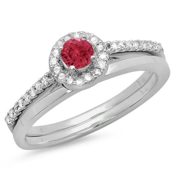 0.50 Carat (ctw) 10K White Gold Round Red Ruby & White Diamond Ladies Bridal Engagement Halo Ring With Matching Band Set