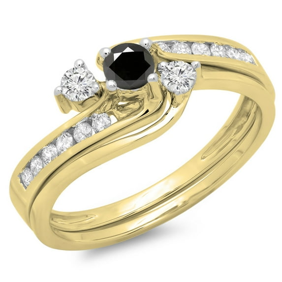 0.50 Carat (ctw) 10K Yellow Gold Round Black & White Diamond Ladies Bridal Swirl Engagement Ring With Matching Band Set