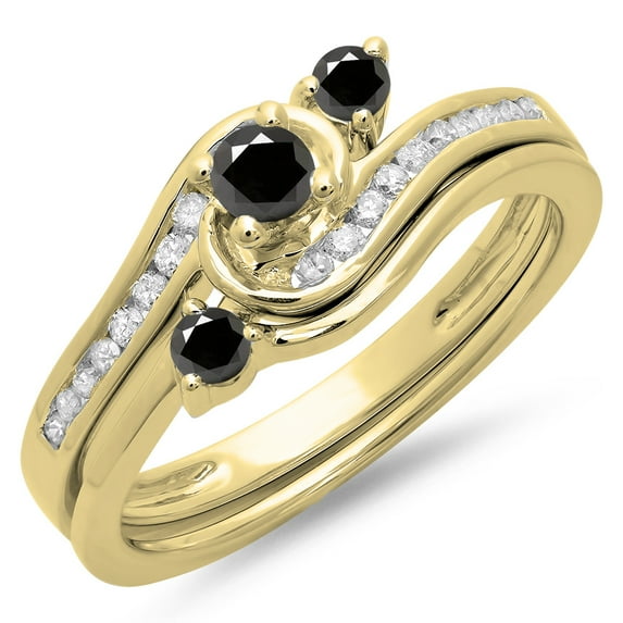 0.50 Carat (ctw) 10K Yellow Gold Round Black & White Diamond Ladies Bridal Twisted Swirl Engagement Ring With Matching B