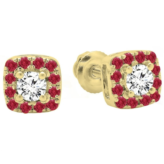 0.50 Carat (ctw) 10K Yellow Gold Round Cut Ruby & White Diamond Ladies Square Frame Halo Stud Earrings 1/2 CT
