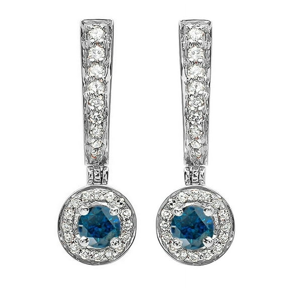 0.50 Carat (ctw) 10k White Gold Round Blue & White Diamond Ladies Fine Dangling Drop Earrings 1/2 CT