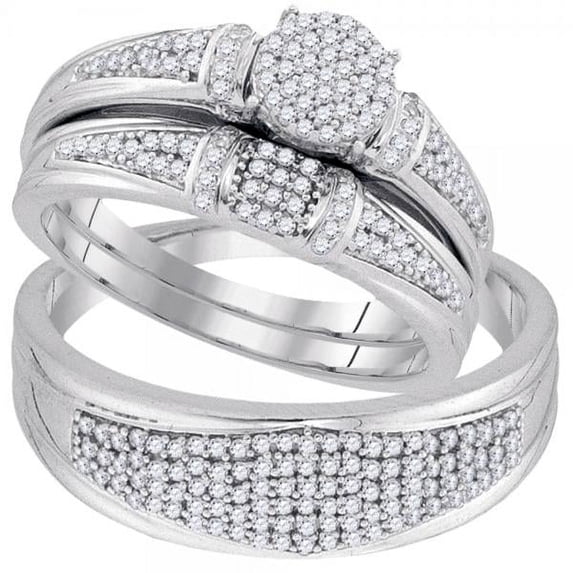 0.50 Carat (ctw) 10k White Gold Round Diamond Men's & Women's Micro Pave Engagement Ring Trio Bridal Wedding Band Set 1/