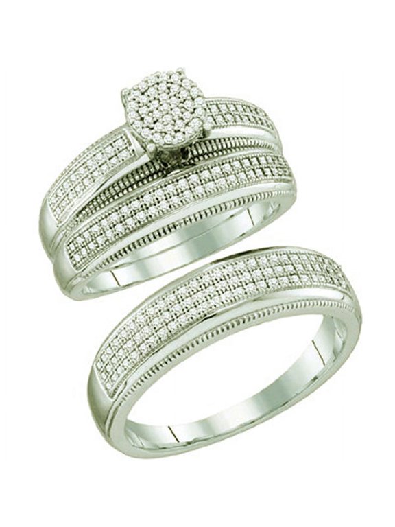 0.50 Carat (ctw) 10k White Gold Round White Diamond Men's & Women's Micro Pave Engagement Ring Bridal Trio Set