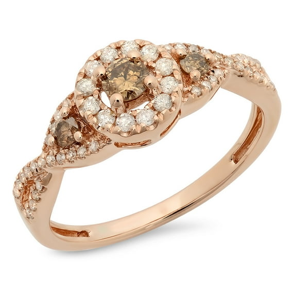 0.50 Carat (ctw) 14K Rose Gold Round Champagne & White Diamond Ladies 3 Stone Swirl Halo Style Vintage Bridal Engagement