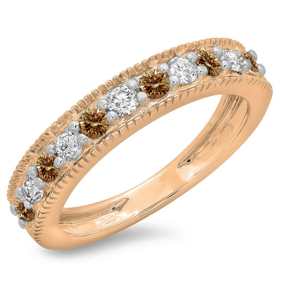 0.50 Carat (ctw) 14K Rose Gold Round Cut Champagne & White Diamond Ladies Millgrain Anniversary Wedding Stackable Band 1