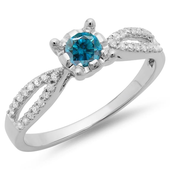0.50 Carat (ctw) 14K White Gold Round White & Blue Diamond Ladies Solitaire With Accents Bridal Split Shank Engagement R