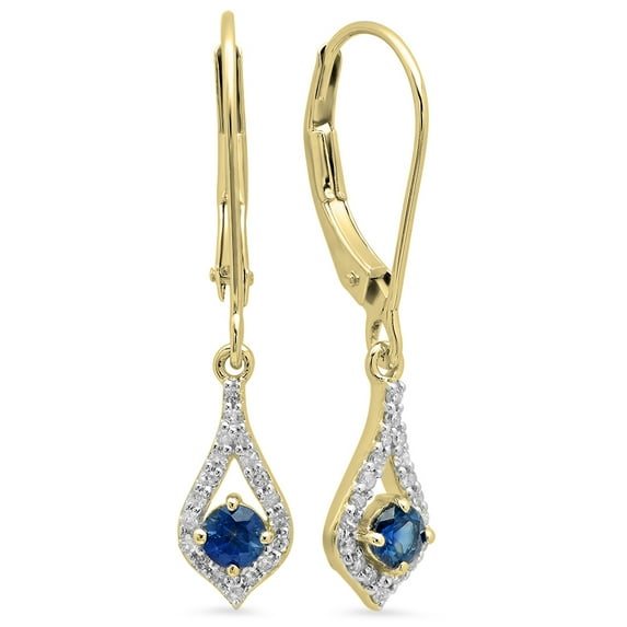 0.50 Carat (ctw) 14K Yellow Gold Round Blue Sapphire & White Diamond Ladies Dangling Drop Earrings 1/2 CT