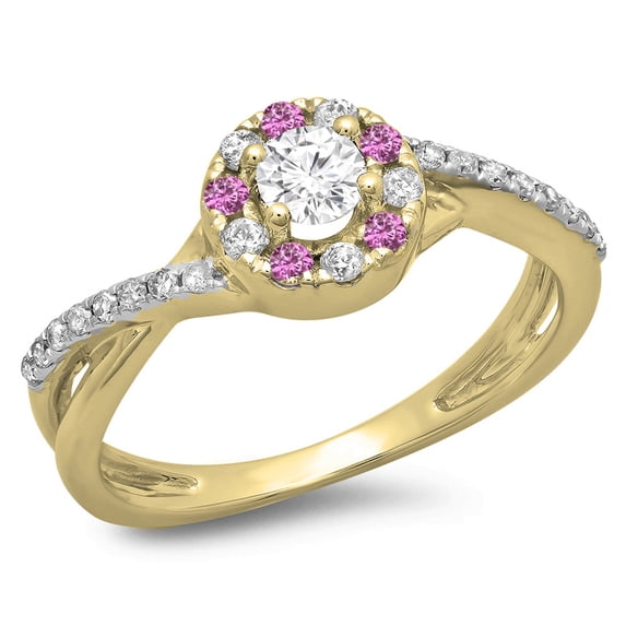 0.50 Carat (ctw) 14K Yellow Gold Round Cut Pink Sapphire & White Diamond Ladies Swirl Split Shank Bridal Halo Engagement