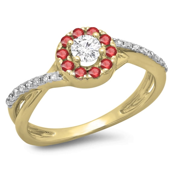 0.50 Carat (ctw) 14K Yellow Gold Round Cut Ruby & White Diamond Ladies Swirl Split Shank Bridal Halo Engagement Ring 1/2