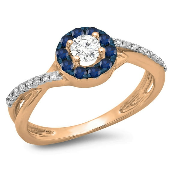 0.50 Carat (ctw) 18K Rose Gold Round Cut Blue Sapphire & White Diamond Ladies Swirl Split Shank Bridal Halo Engagement R