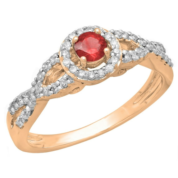 0.50 Carat (ctw) 18K Rose Gold Round Red Ruby & White Diamond Ladies Swirl Split Shank Bridal Halo Style Engagement Ring