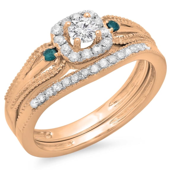 0.50 Carat (ctw) 18K Rose Gold Round White and Blue Diamond Ladies Halo Style Bridal Engagement Ring With Matching Band