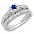 thumbnail image 1 of 0.50 Carat (ctw) 18K White Gold Round Blue Sapphire & White Diamond Ladies Halo Engagement Bridal Ring With Matching Ban, 1 of 1