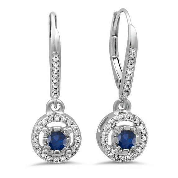 0.50 Carat (ctw) 18K White Gold Round Cut Blue Sapphire & White Diamond Ladies Cluster Halo Style Dangling Drop Earrings