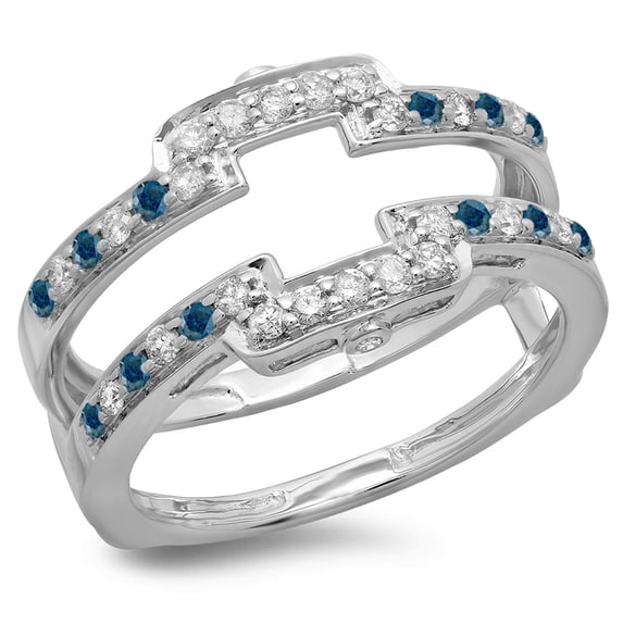 0.50 Carat (ctw) 18K White Gold Round Cut Blue & White Diamond Ladies Anniversary Wedding Band Enhancer Guard Double Rin