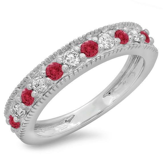 0.50 Carat (ctw) 18K White Gold Round Cut Red Ruby & White Diamond Ladies Millgrain Anniversary Wedding Stackable Band 1